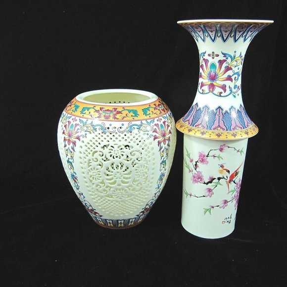 Chinese reticulated 2pc Porcelain Vase Vintage blue white floral bird - Picture 5 of 9